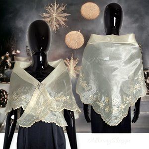 Elegant Embroidered Sheer Wrap Shawl in Ivory